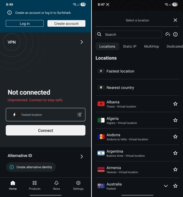 surfshark running on android phone