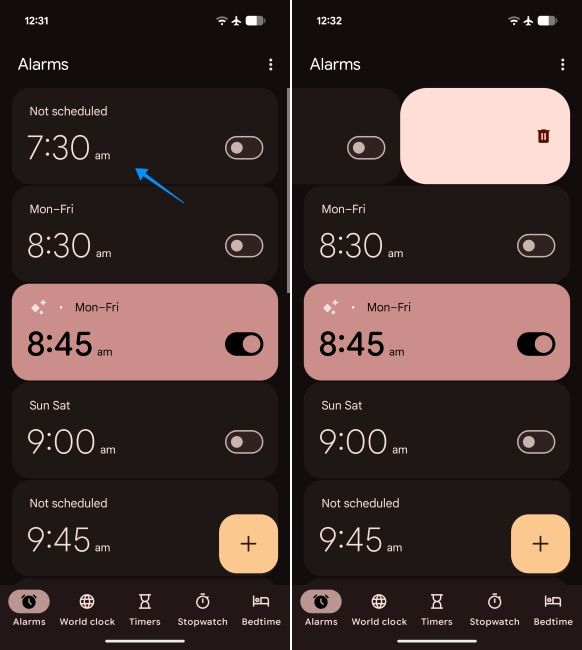 screenshot from the clock app on android showing swipe to delete alarms