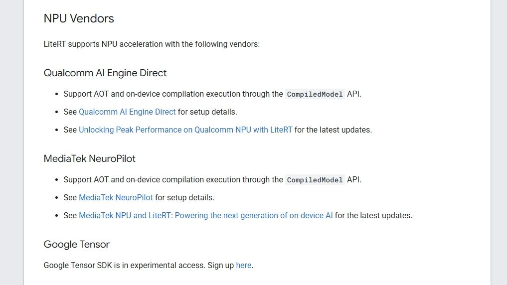 screenshot from google support page showing npu support for chipmakers