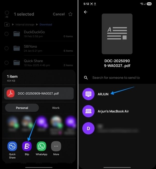 android screenshot showing file sharing through blip app