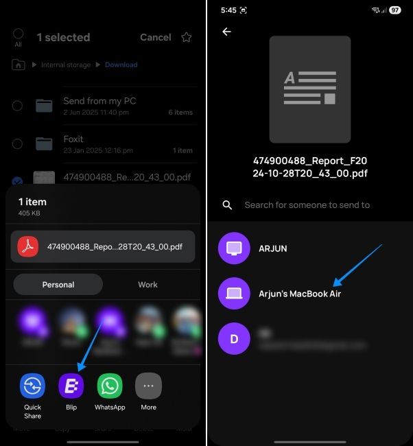 android screenshot showing blip file transfer from android to macbook
