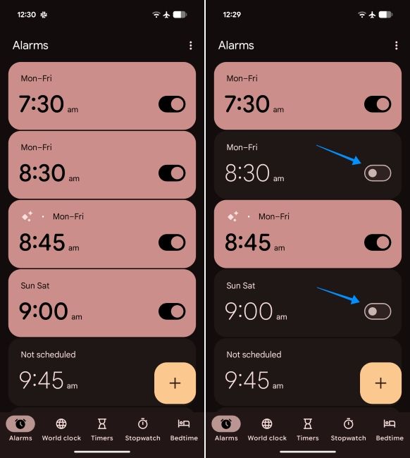 screenshot from the clock app on android showing how to turn off alarms