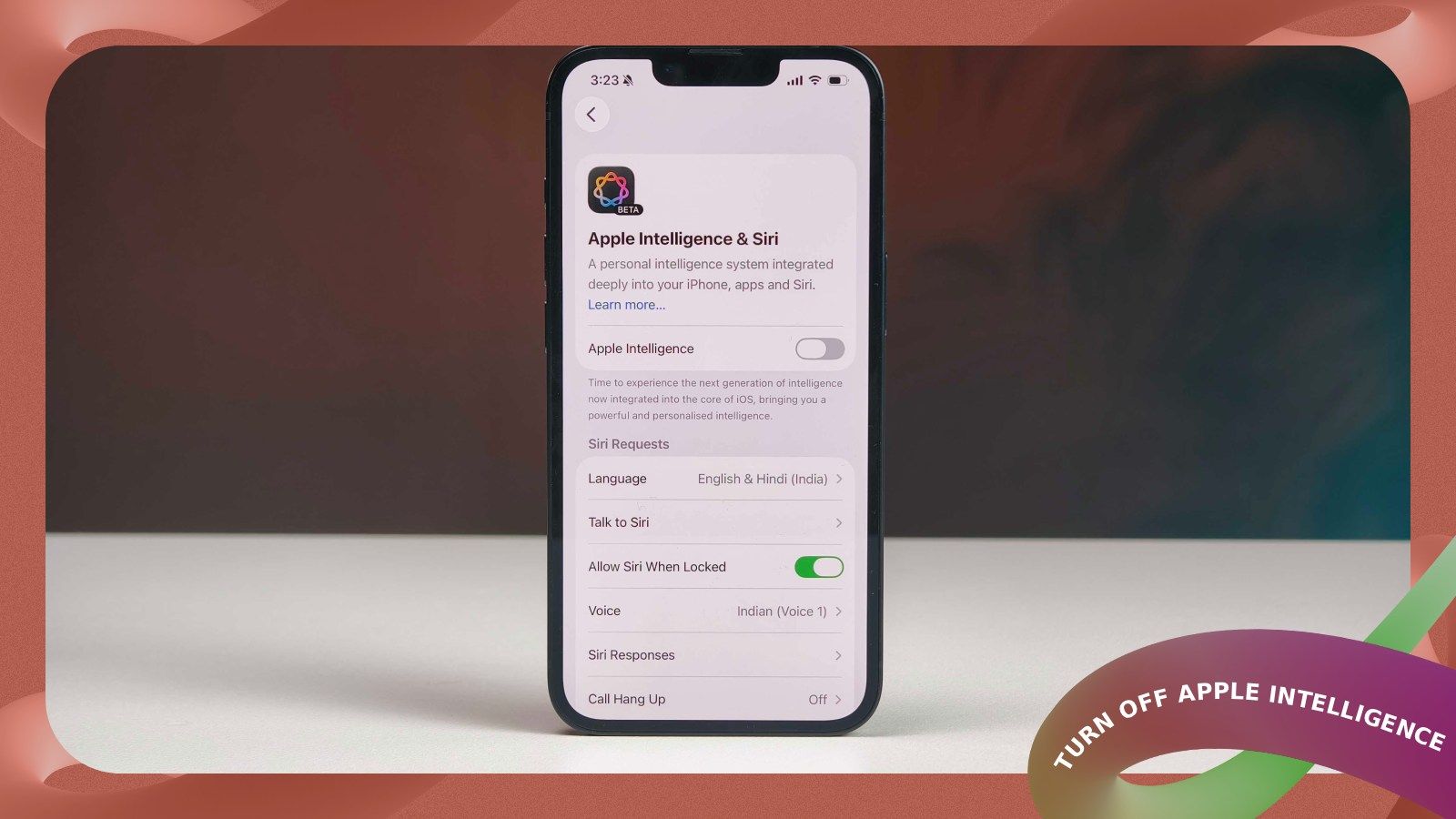 an iphone, showing the apple intelligence setting turned off, in a maroon background an iphone, showing the apple intelligence setting turned off, in a maroon background