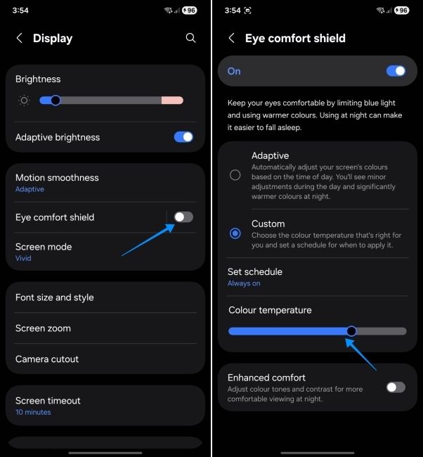 one ui screenshot showing how to disable eye comfort shield on samsung phones
