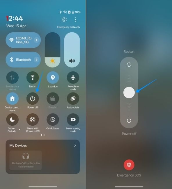screenshot from oneplus phone showing the option to switch off phone