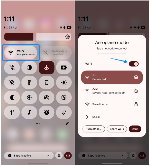 Android screenshots showing the process of turning on Wi-Fi and connecting to internet