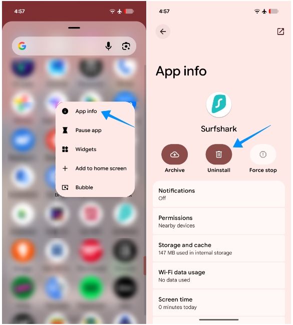 android app drawer screenshot showing steps to uninstall a VPN app