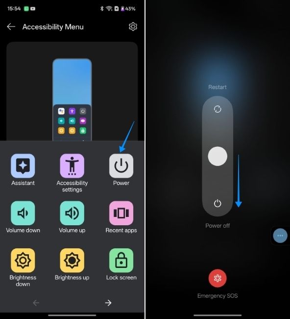 screenshot showing how to switch off oneplus phone using accessibility menu