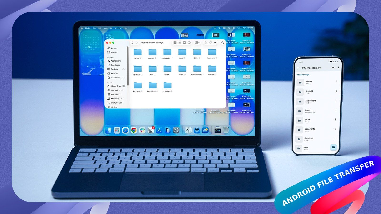 an image showing macbook neo and android phone side by side demonstrating file transfer
