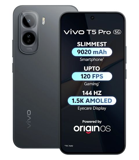 Vivo T5 Pro black front and back design showcased