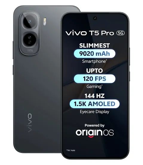 Vivo T5 Pro Cosmic Black front and back design showcased