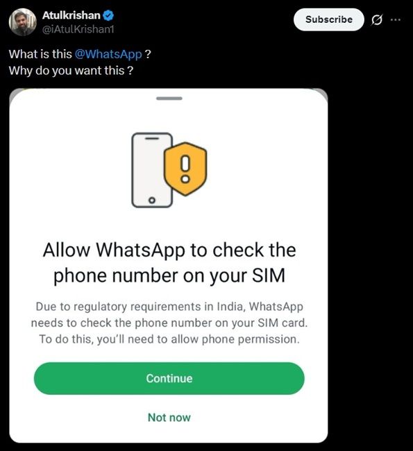 a screenshot from x showing whatsapp asking for sim verification