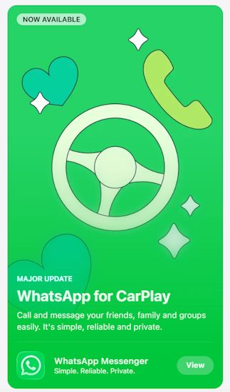 WhatsApp for CarPlay native app update page