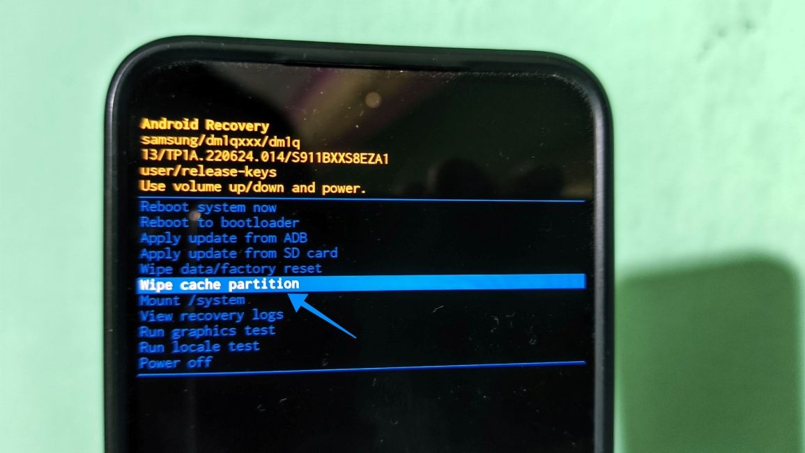 samsung recovery screen showing wipe cache partition menu