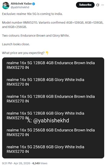 Screenshot of X post leaking the Realme 16x 5G colour options and storage, RAM configurations