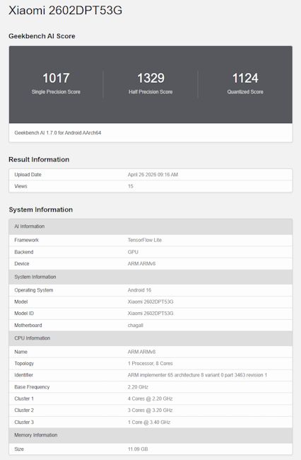 Xiaomi 17T Geekbench AI listing screenshot