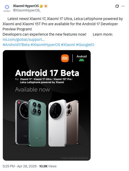 Xiaomi Global X account screenshot announcing Android 17 Developer Preview update