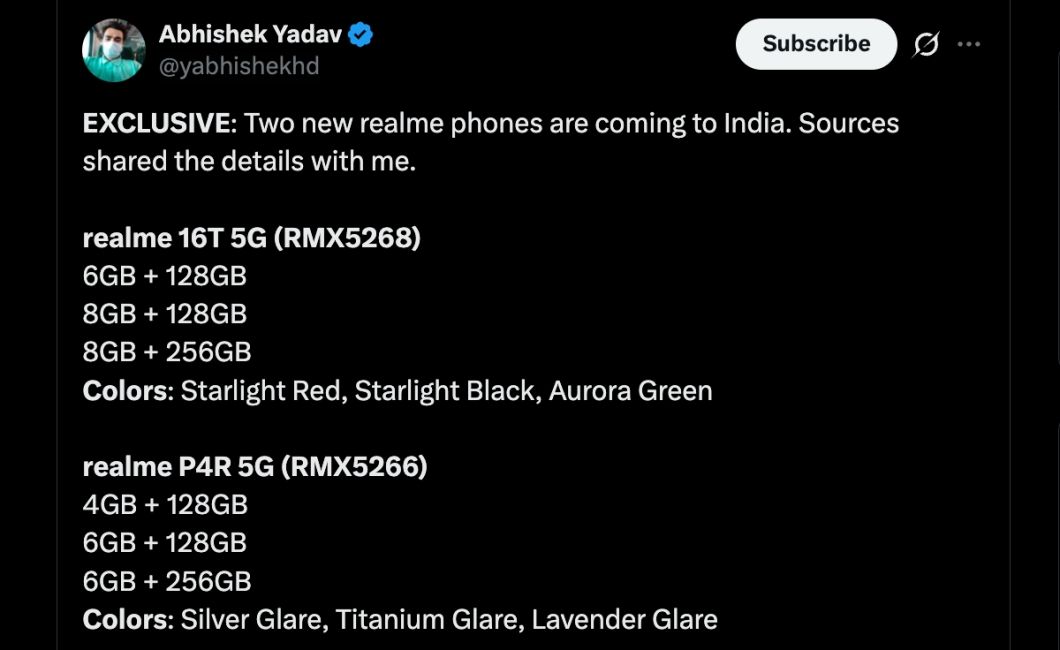 Abhishek Yadav X Post revealing details about Realme P4R