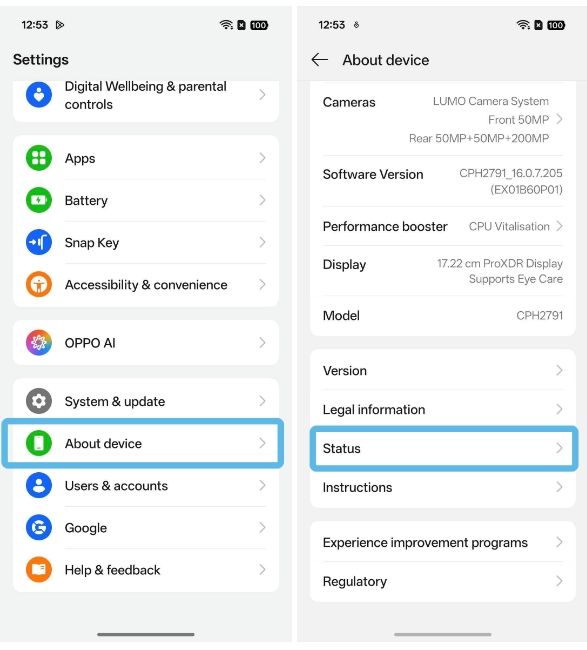 Oppo Settings with About device and Status menus