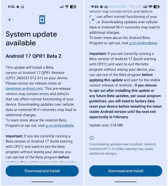 Android 17 QPR1 Beta 2 update log in Pixel System updates page