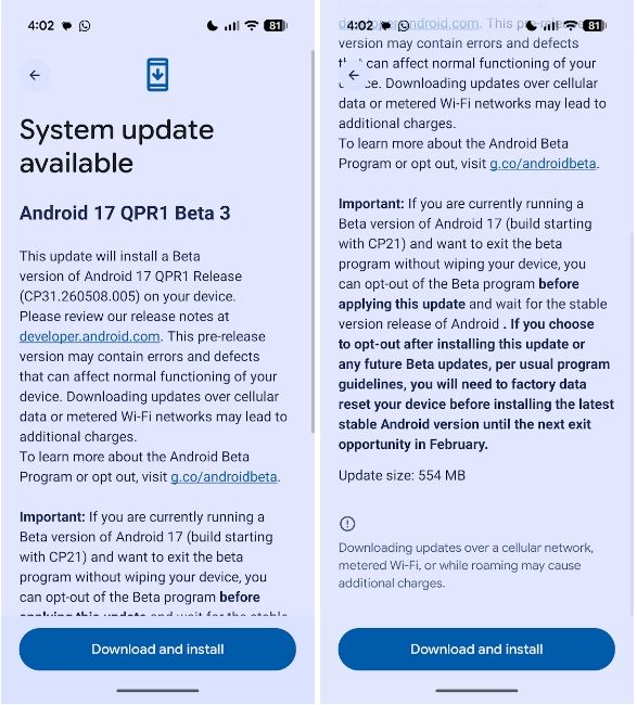 Android 17 QPR1 Beta 3 update changelog and size