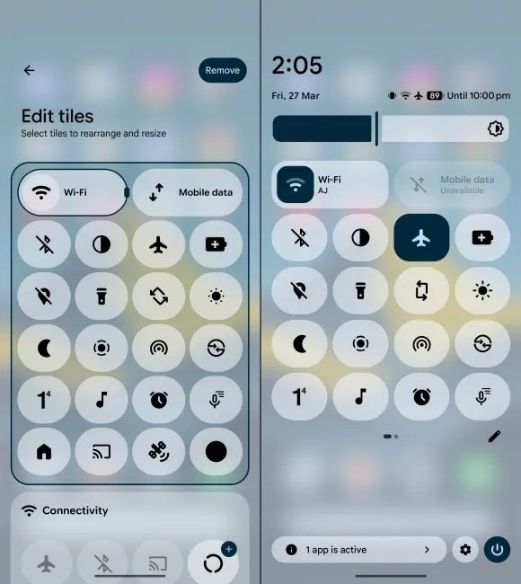 screenshot from pixel showing separate wi-fi and mobile data tiles