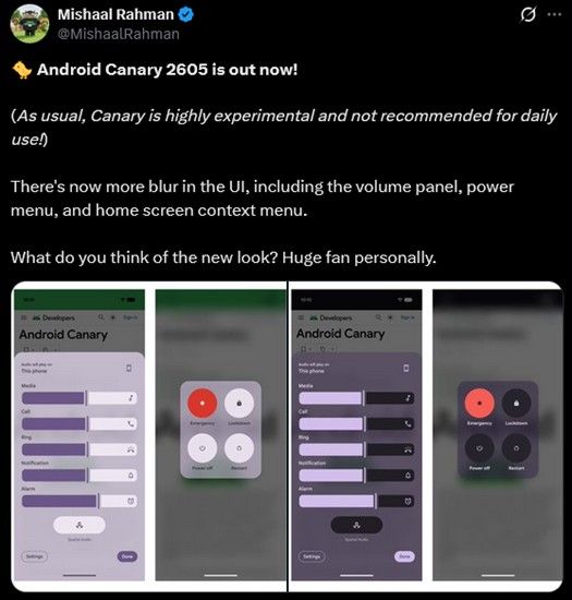 Android Canary 2605 release information on X