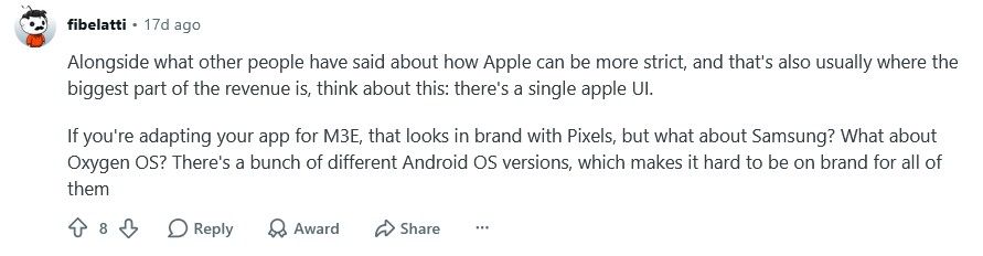 Reddit user saying Android has multiple UIs