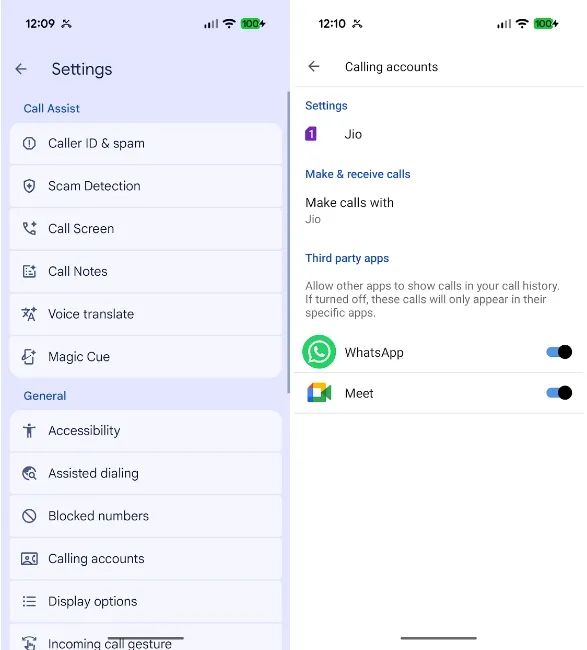 Calling Accounts page on Google Pixel Phone app