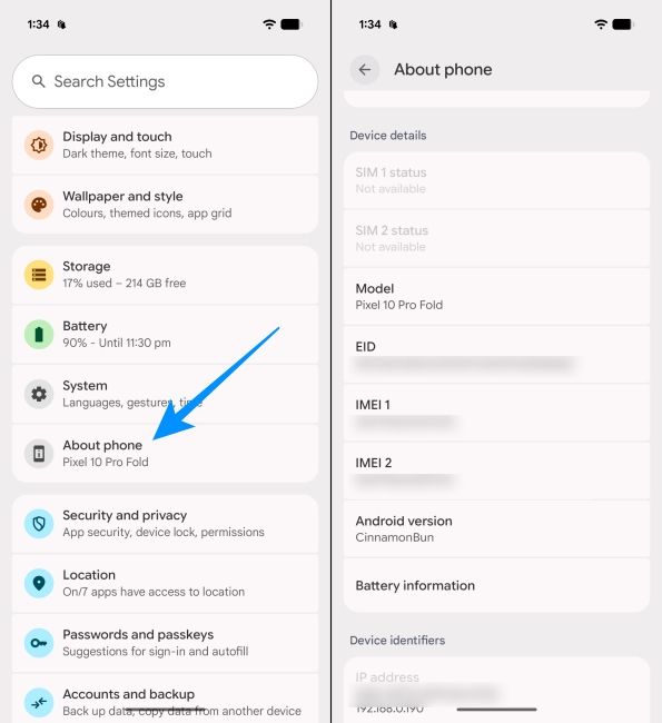 Check Google Pixel IMEI number in the Settings app screenshots side by side Check Google Pixel IMEI number in the Settings app screenshots side by side