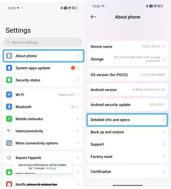 Xiaomi smartphone settings detailed specifications menu Xiaomi smartphone settings detailed specifications menu