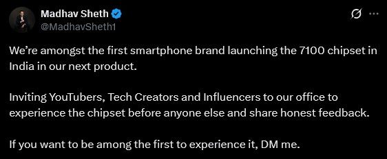 Ai+ CEO post on Dimensity 7100 powered smartphone