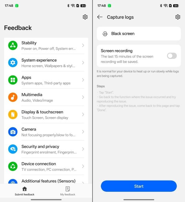 Feedback menu screenshots in Realme UI 