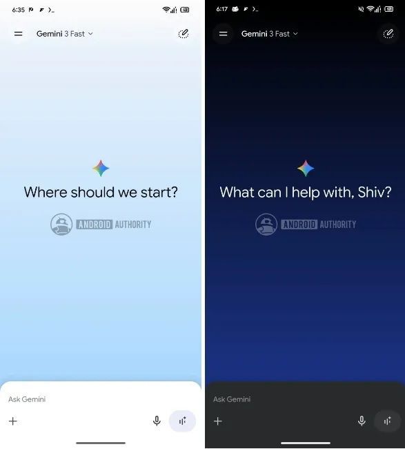 new redesigned gemini app on android in light and dark mode