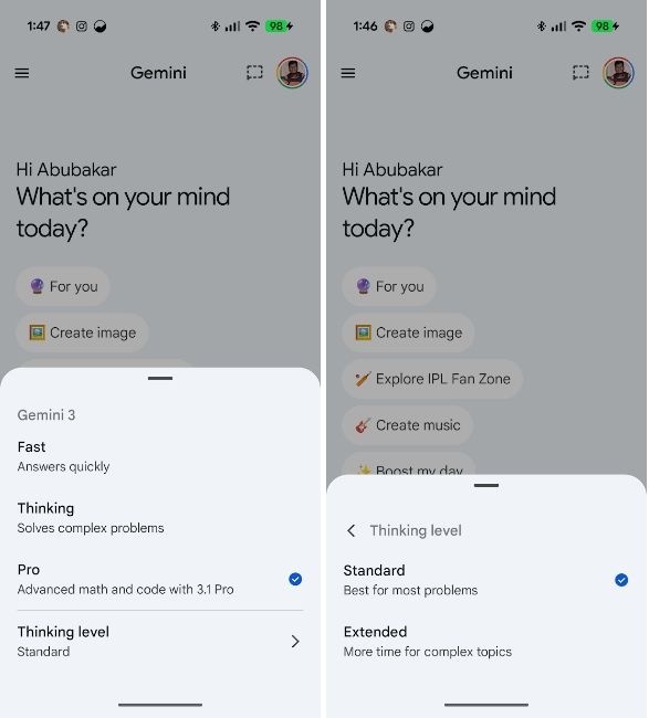 Gemini app on Android with Standard and Extended Thinking modes