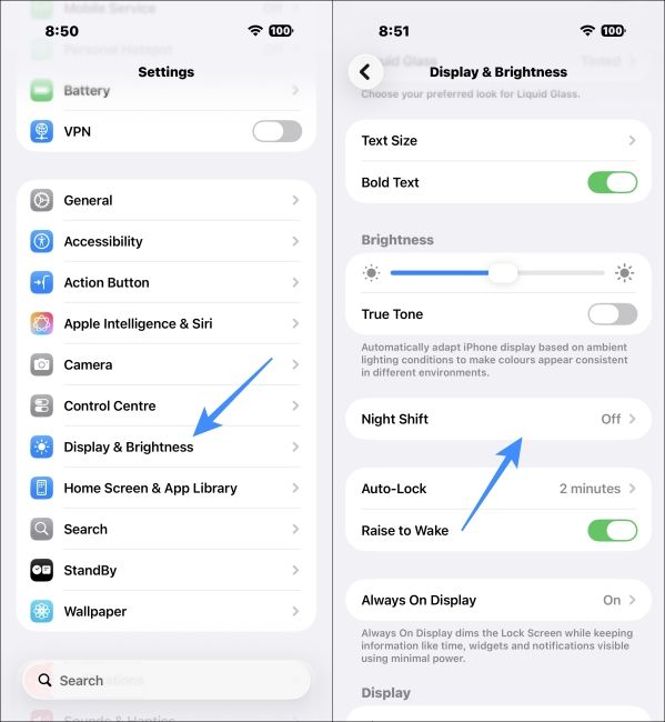 Go to Night Shift in iPhone Display Settings