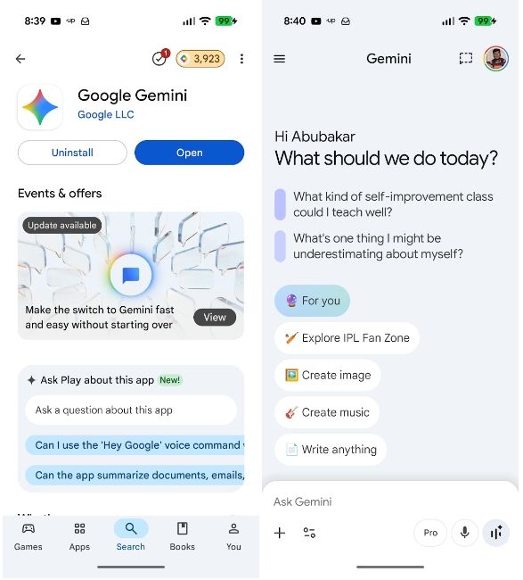Google Gemini Play Store Listing with Gemini Homepage