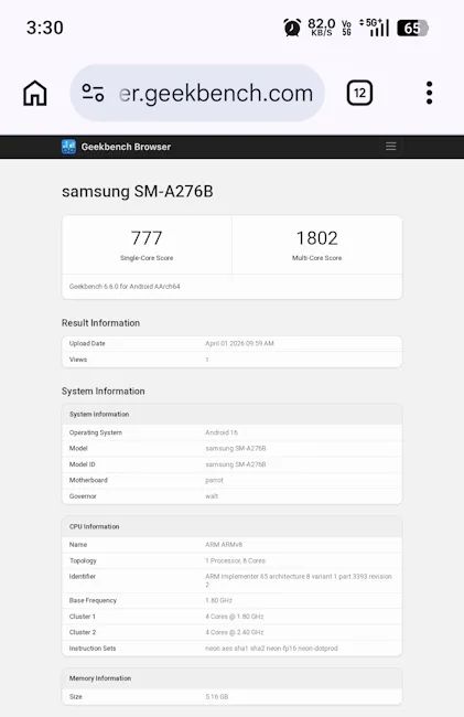 Galaxy A27 benchmark result on Geekbench