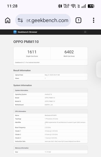 Oppo Reno 16 Geekbench listing