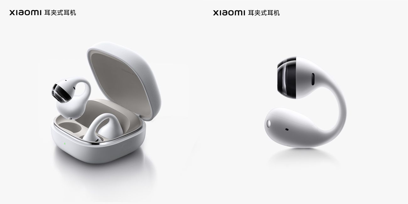 Xiaomi clip-on open ear TWS showcased alongside its charging case in white