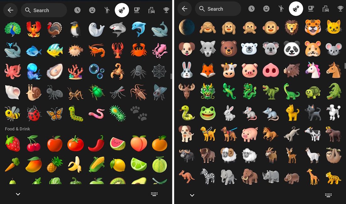 Android 3D emoji shown off in the Animals & Nature and Food & Drinks categories