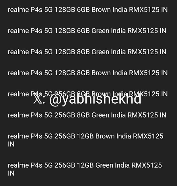 Realme P4s 5G model number, colour options and RAM and storage details.