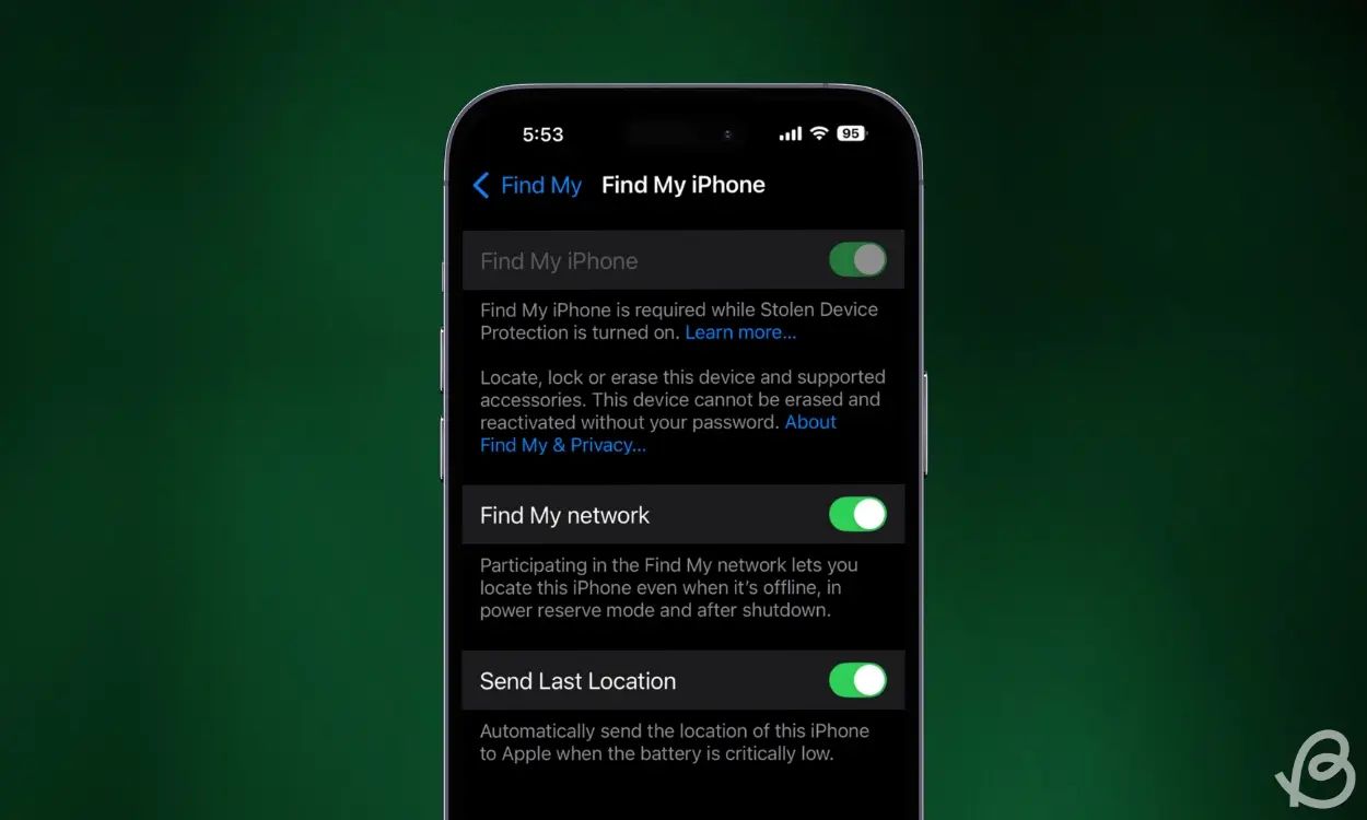 Apple Find My Device Settings page Apple Find My Device Settings page