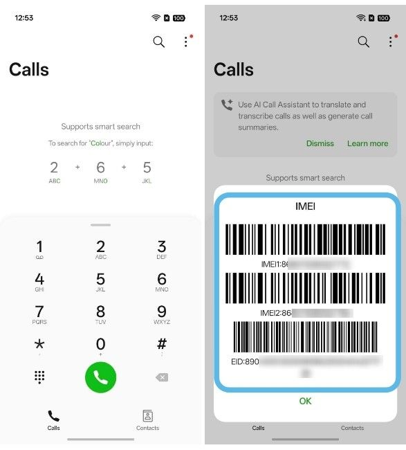 Oppo smartphone dialer and IMEI number