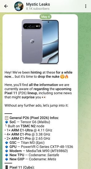 Mystic Leaks telegram channel with Pixel 11 series leaks