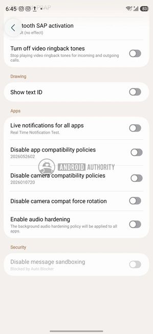screenshot from one ui 9 showing the option to disable audio hardening screenshot from one ui 9 showing the option to disable audio hardening