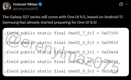 X post revealing code with One UI 9.5 update mention for Galaxy S27 series