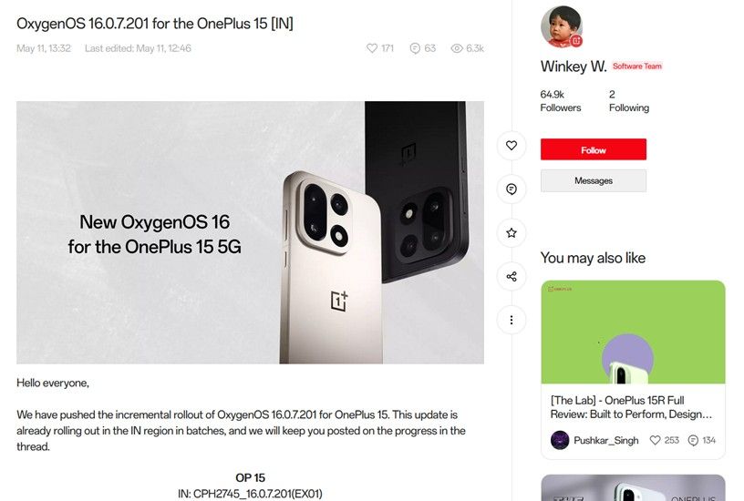 OnePlus 15 OxygenOS 16.1 release community post