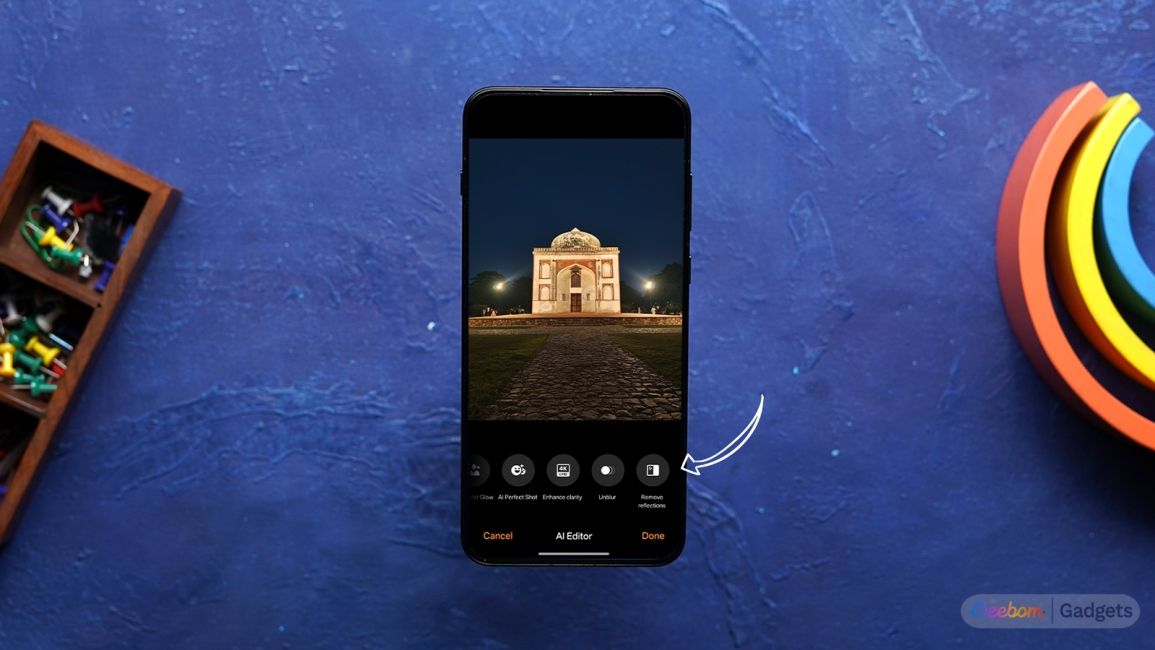 OnePlus AI Reflection Eraser Feature option annotated on the OnePlus 15R against a dark blue background