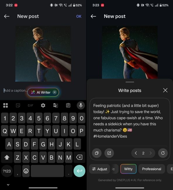 OnePlus AI Writer tool feature showcase in Instagram